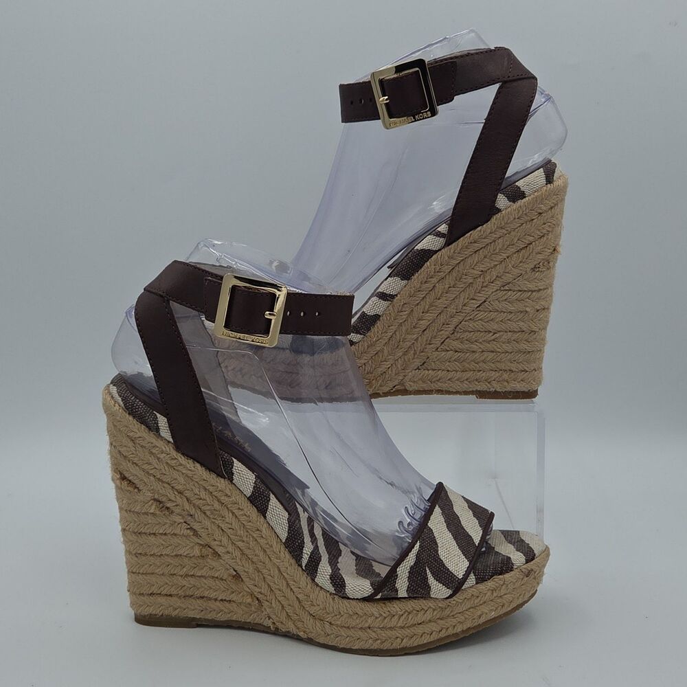 Michael Kors Zebra Print Wedge Espadrille Sandals Brown Cream Womens Size 7.5